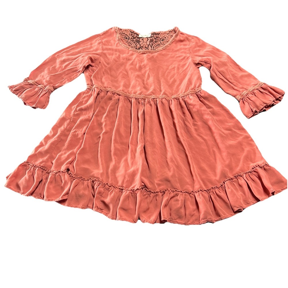Indigo‎ Soul Pink Lace Trim Tiered Ruffle Dress S Boho Cottage Rodeo Romantic